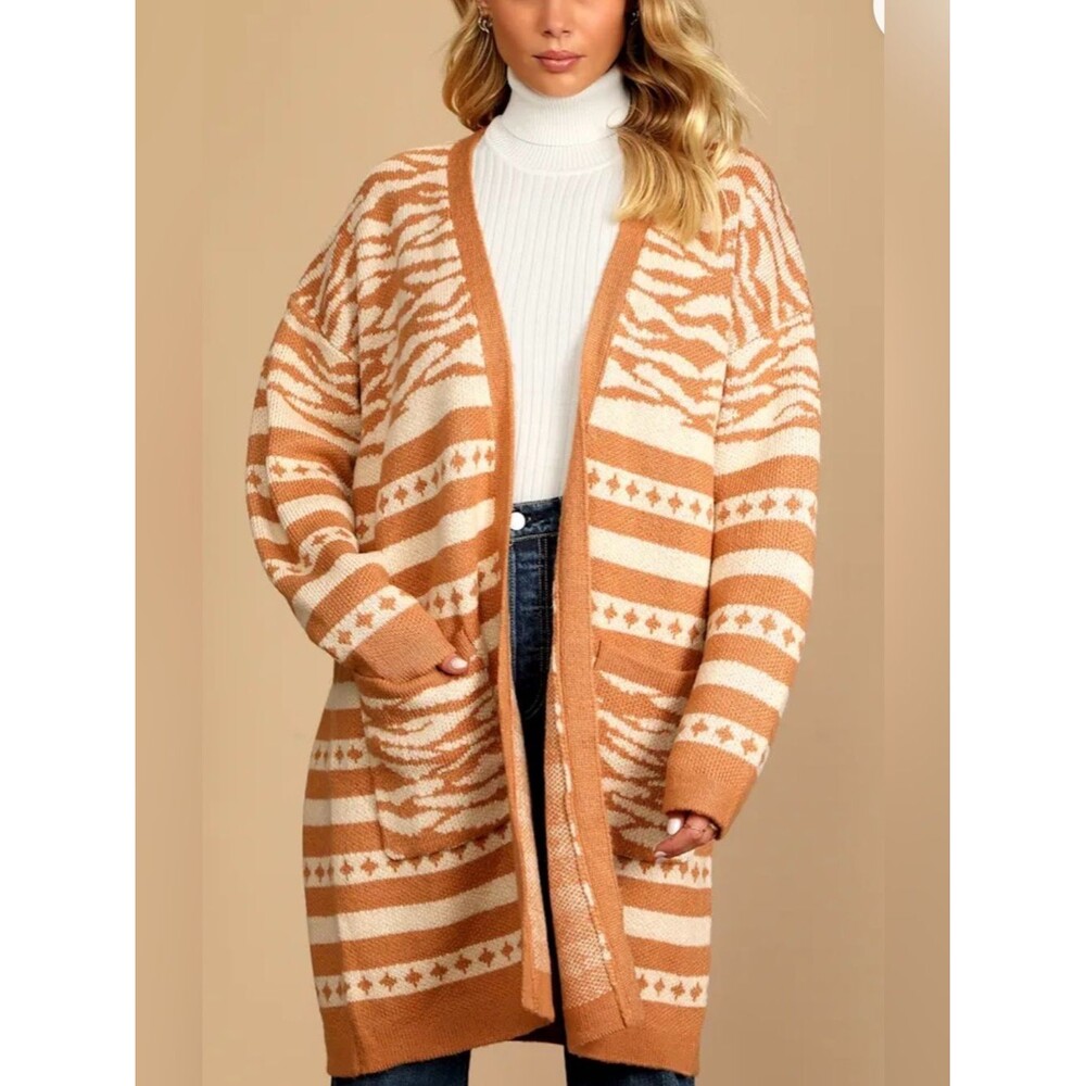 Lulu's Camel & Cream Open-Front Zebra Print Cardigan Size Medium NWT!!